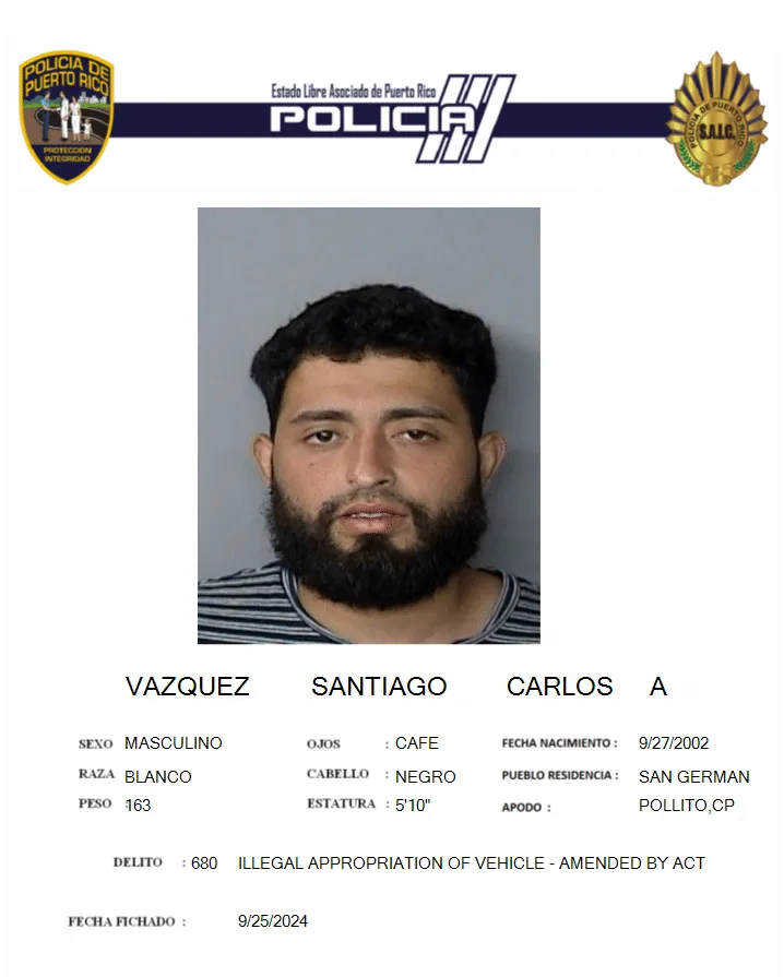 Arrestan a Carlos A. Vázquez Santiago en San Germán por apropiación ilegal de vehículo y recuperación de otro automóvil robado