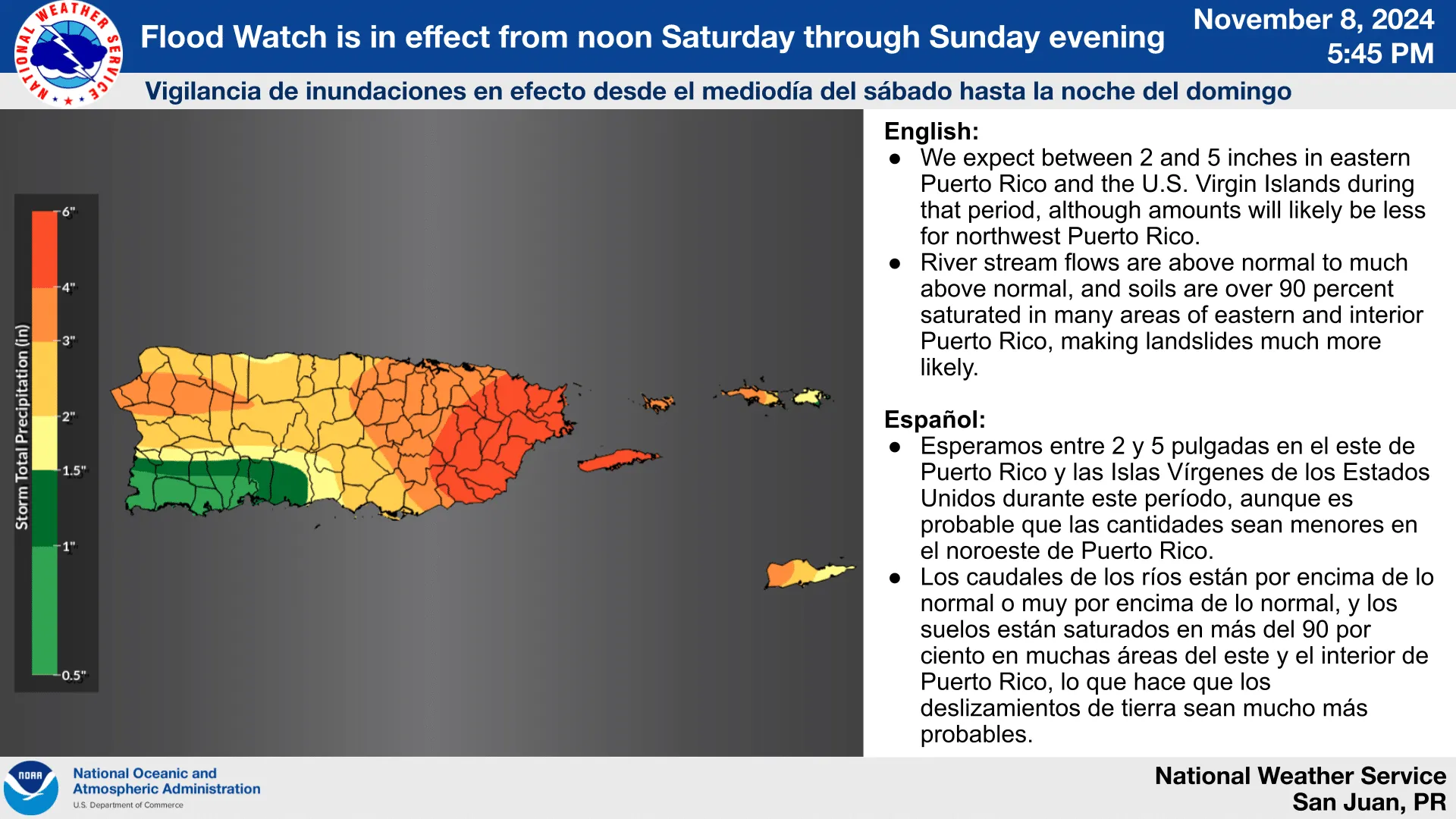 Vigilancia de Inundaciones y Riesgo de Corrientes Marinas Mortales en Puerto Rico y las Islas Vírgenes por Condiciones Meteorológicas Inestables Este Fin de Semana